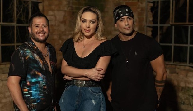 Tânia Mara grava canção romântica com Hugo e Tiago