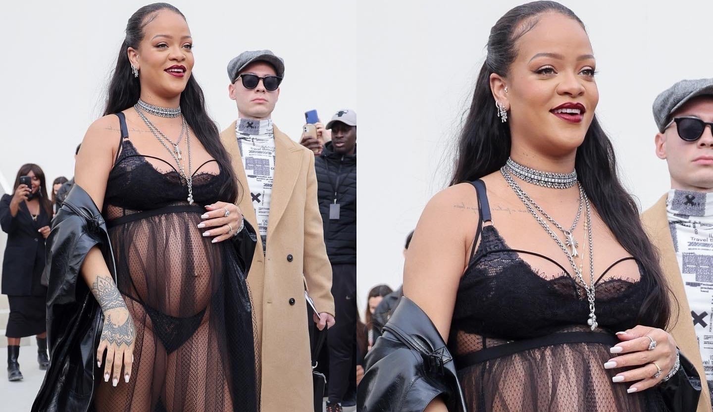 Rihanna exibe barrigão de gravidez mais uma vez, agora com look transparente