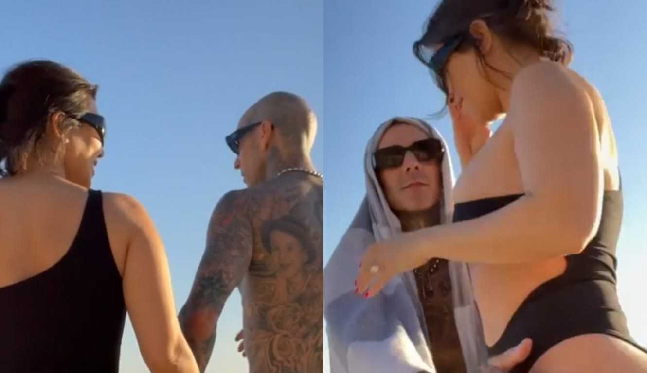 Kourtney Kardashian e Travis Baker são vistos em clima quente na praia da Califórnia