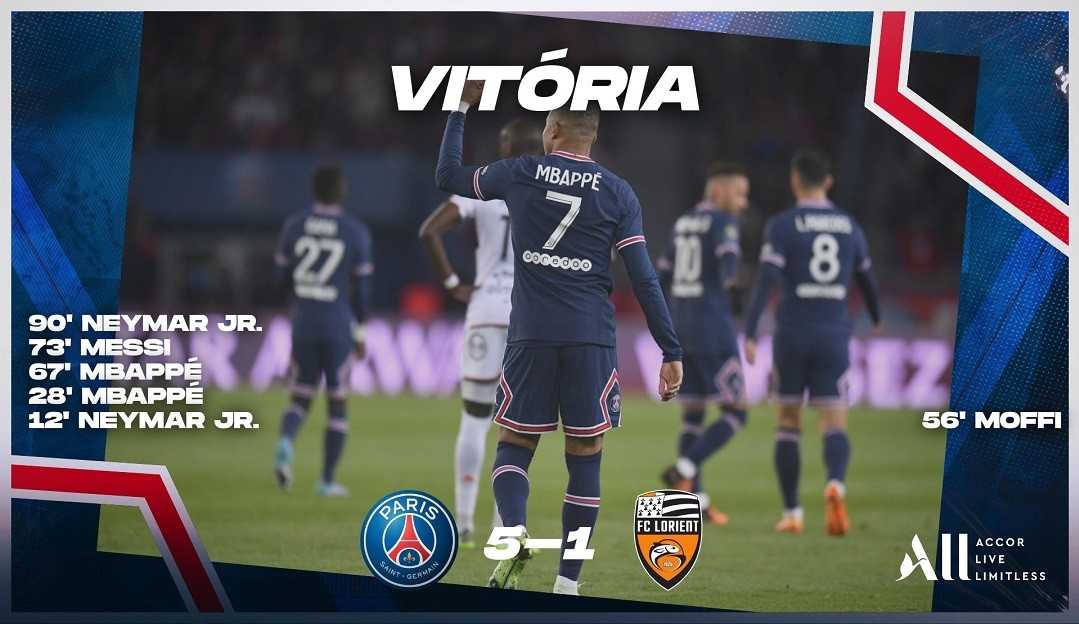 PSG goleia Lorient por 5 a 1, com gols de Messi, Neymar e Mbappé