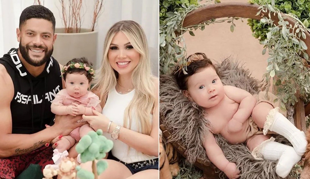 Jogador Hulk comemora os 3 meses de sua filha ao lado da atual esposa