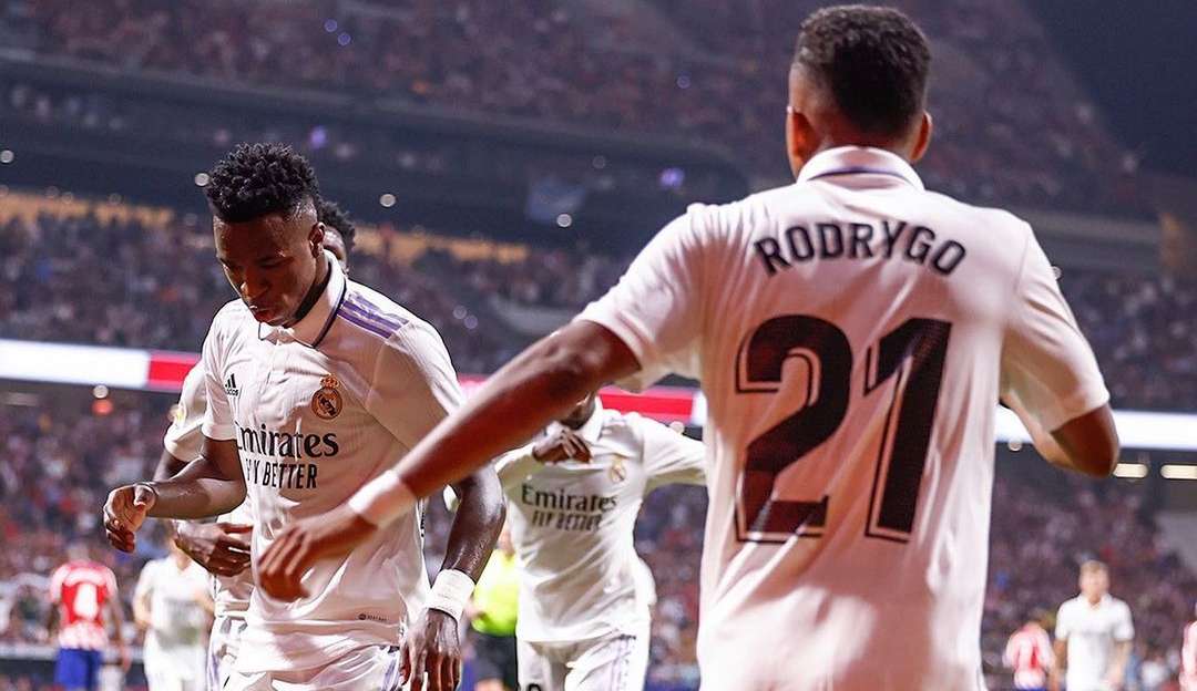 Em clássico Madrileno Rodrygo e Vini Jr comemoram a vitória do Real Madrid sambando