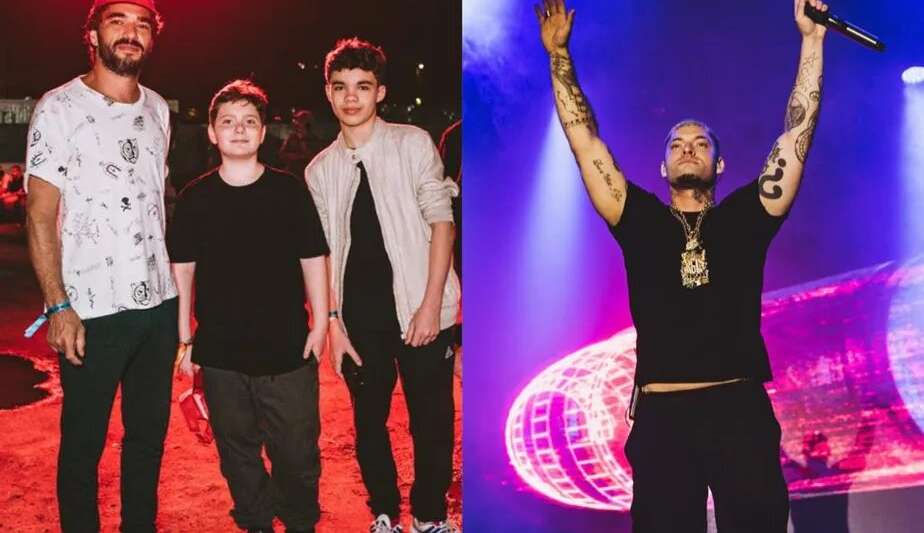 Caio Blat marcou presença em Show do Ret no Rio com filho e amigo