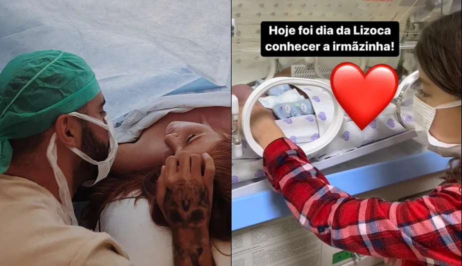 Pedro Scooby compartilha a filha Liz conhecendo a filha mais nova, Aurora
