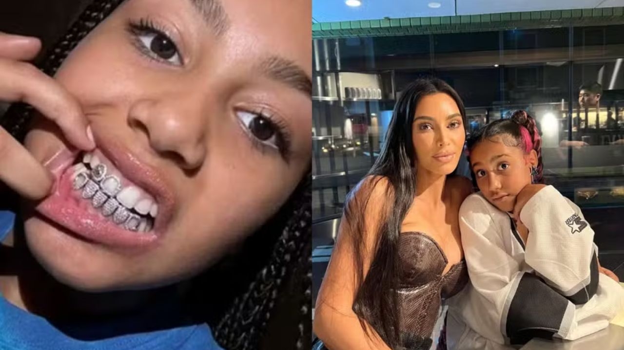 Inspirada no pai, North West põe joias de diamante nos dentes