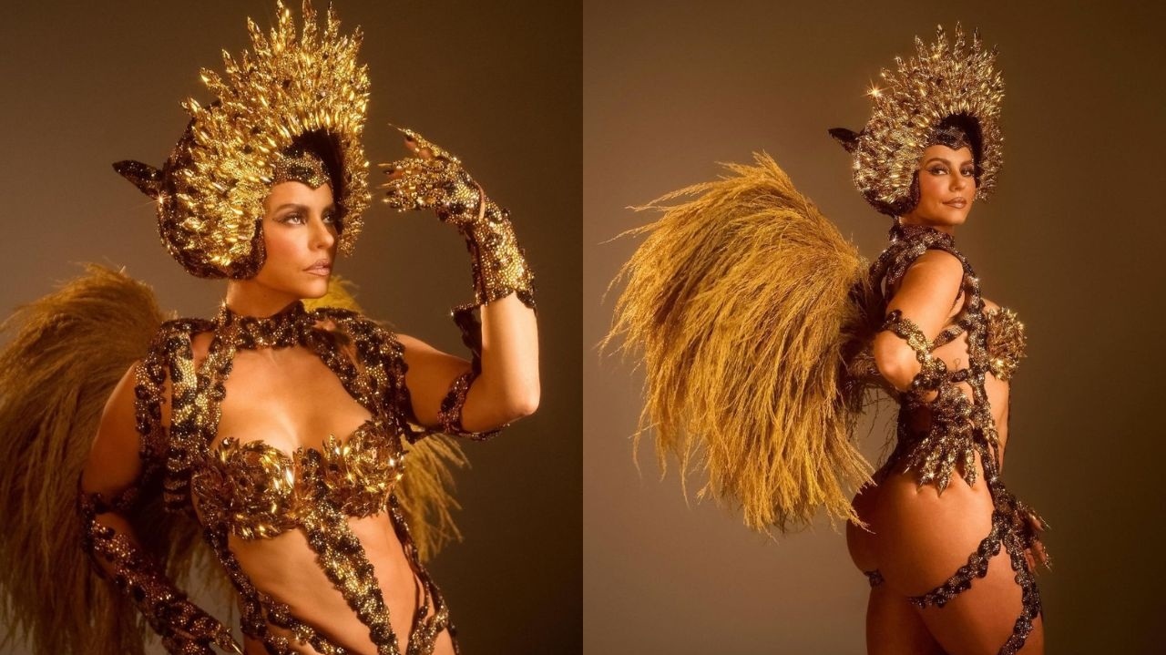 Paolla Oliveira se transforma em “mulher-onça” durante desfile na Sapucaí