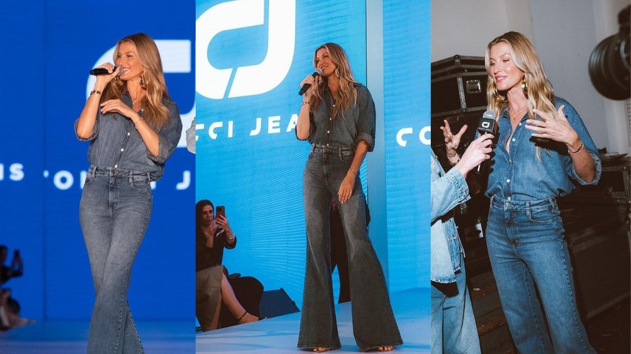 Gisele Bündchen chama atenção em evento de moda com look total jeans