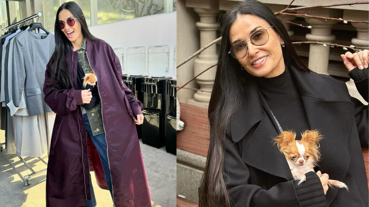 Demi Moore leva seu pet em desfile em Londres