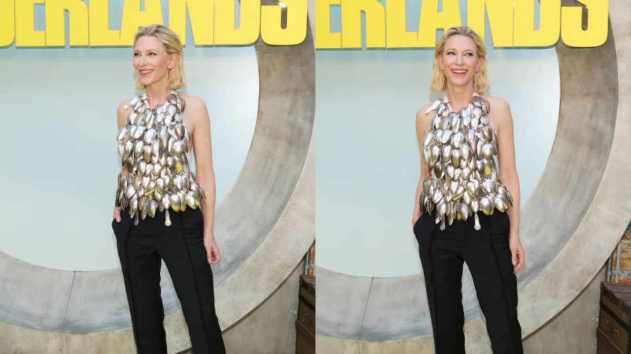 Cate Blanchett inova em premiere com blusa feita de colheres