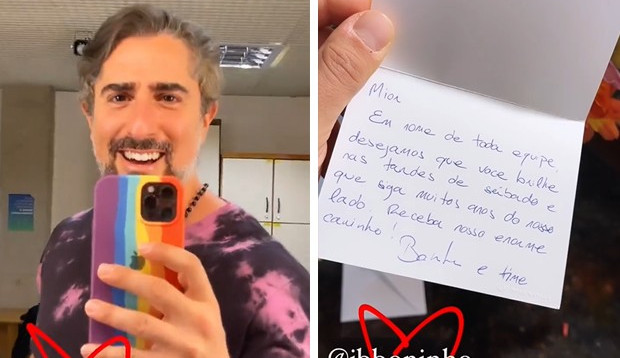 Ao receber buquê de flores de Boninho, Marcos Mion brinca: ‘Bromance’