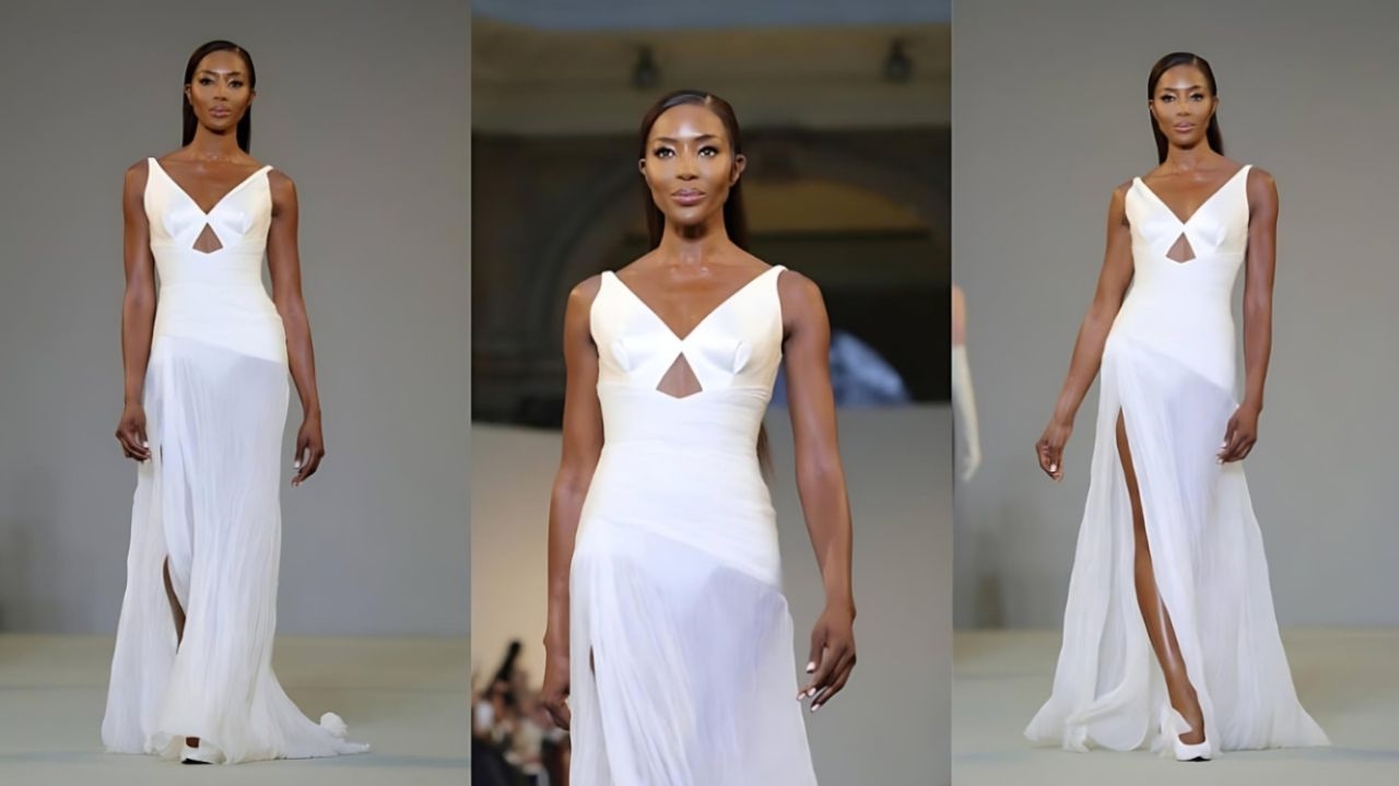 Desfile da Del Core: Naomi Campbell rouba cena com slip dress longo