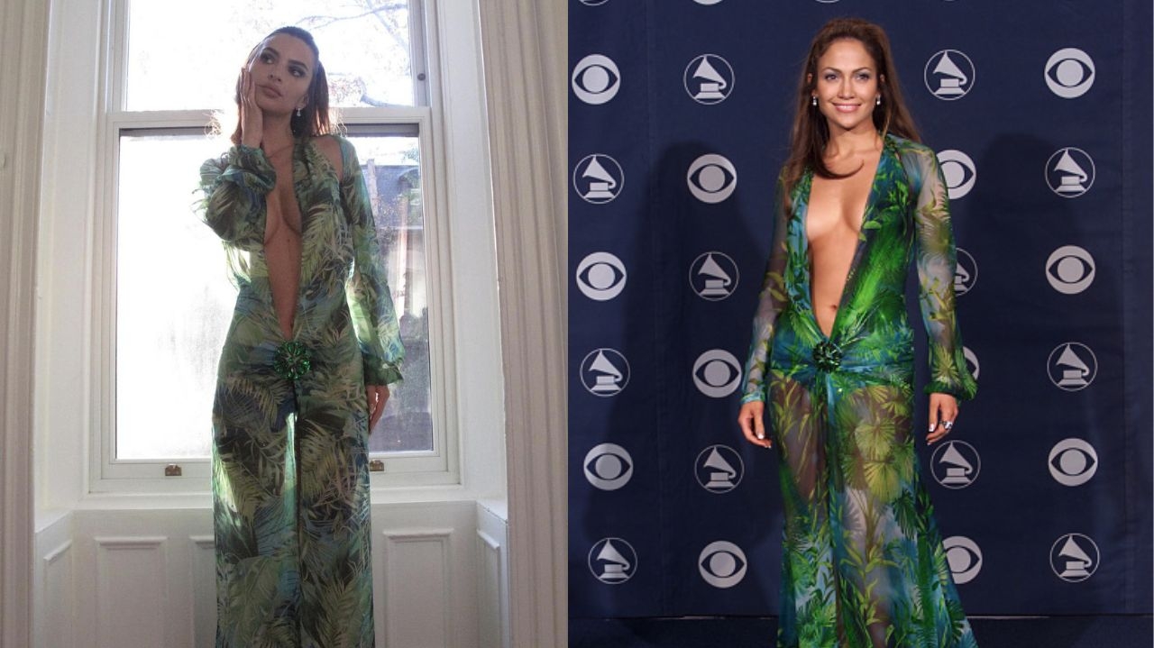 Emily Ratajkowski usa fantasia inspirada no look icônico de JLo