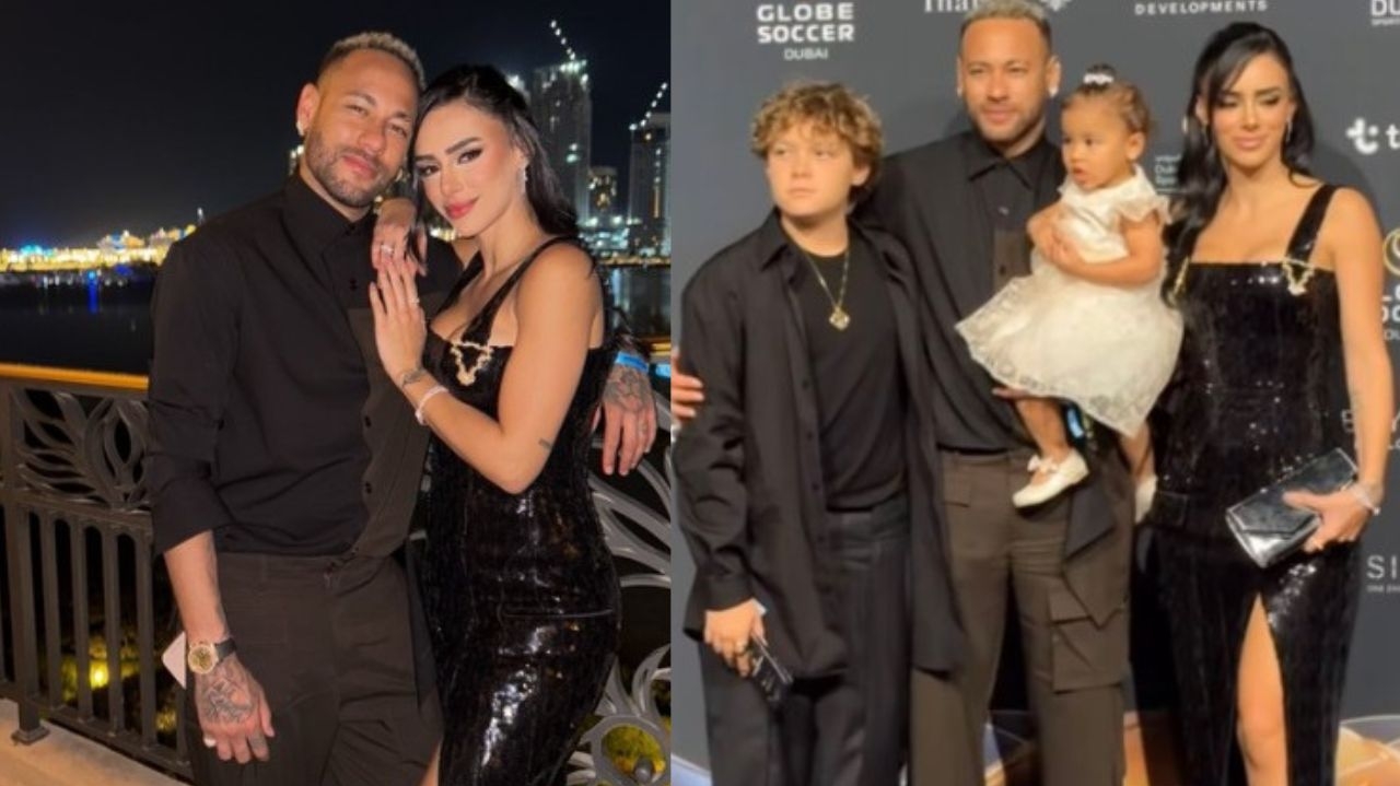 Neymar aparece em evento ao lado da namorada grávida, Mavie e Davi Lucca