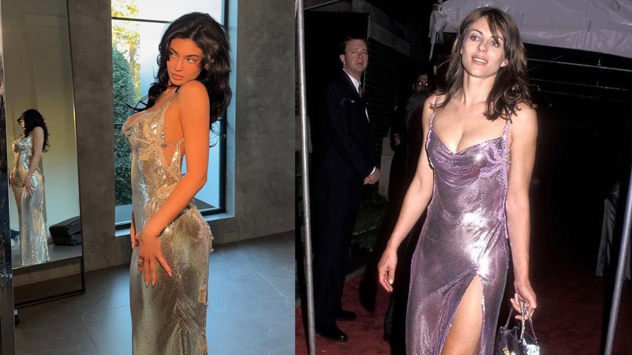Kylie Jenner usa vestido semelhante ao de Elizabeth Hurley no Globo de Ouro 2025