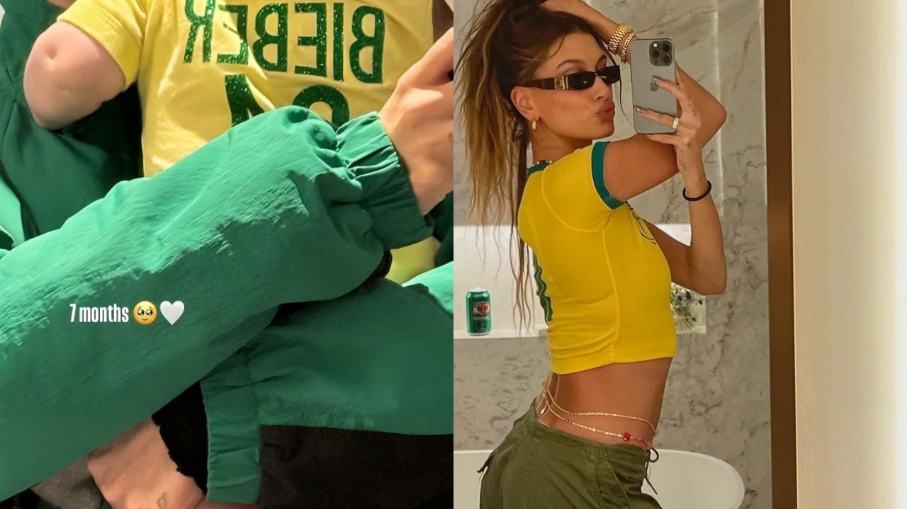 Hailey Bieber compartilha foto do filho com a camiseta  da seleção brasileira