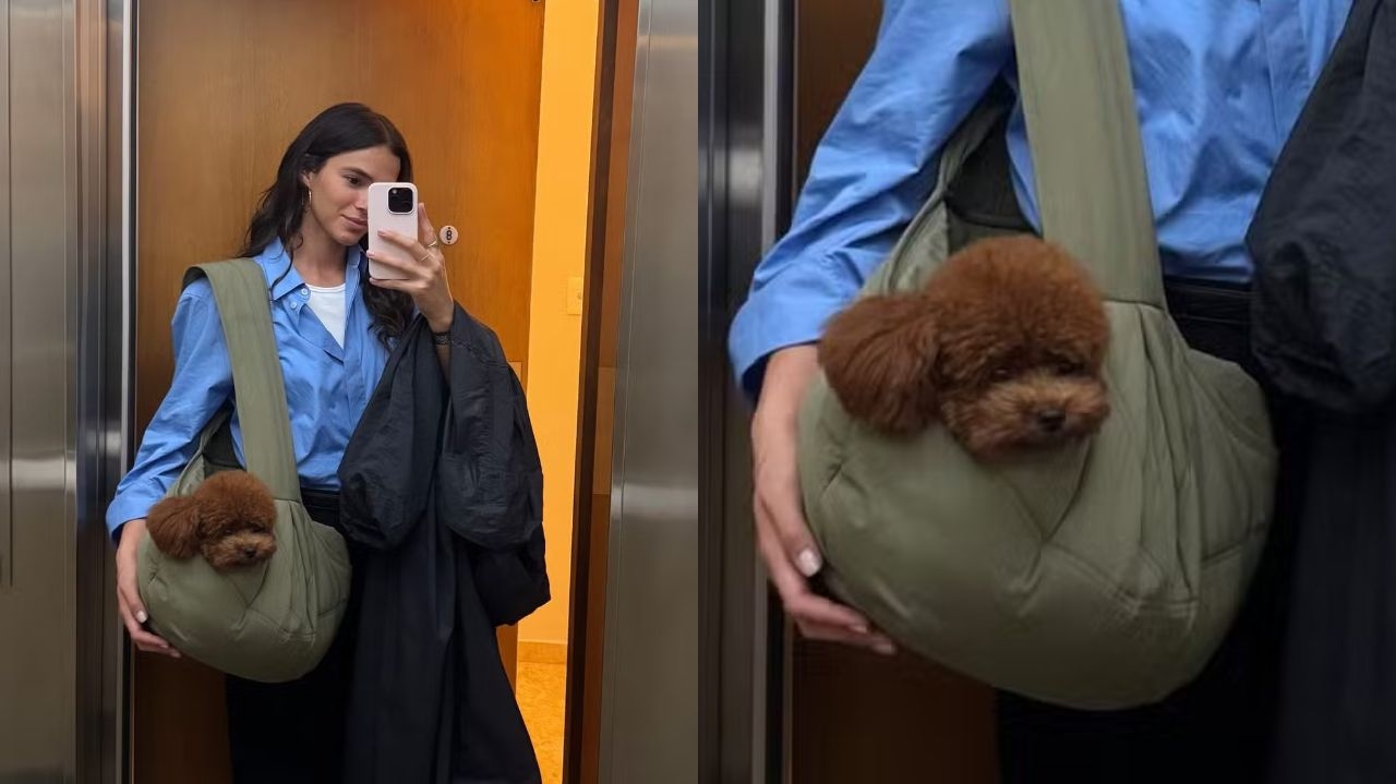Bruna Marquezine carrega cachorrinha confortavelmente dentro de bolsa lateral