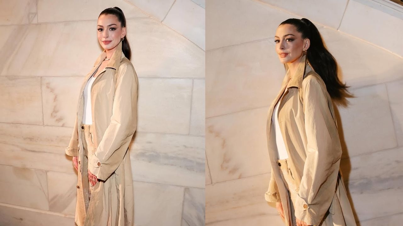 Anne Hathaway surge em look brilhoso para o desfile da Ralph Lauren