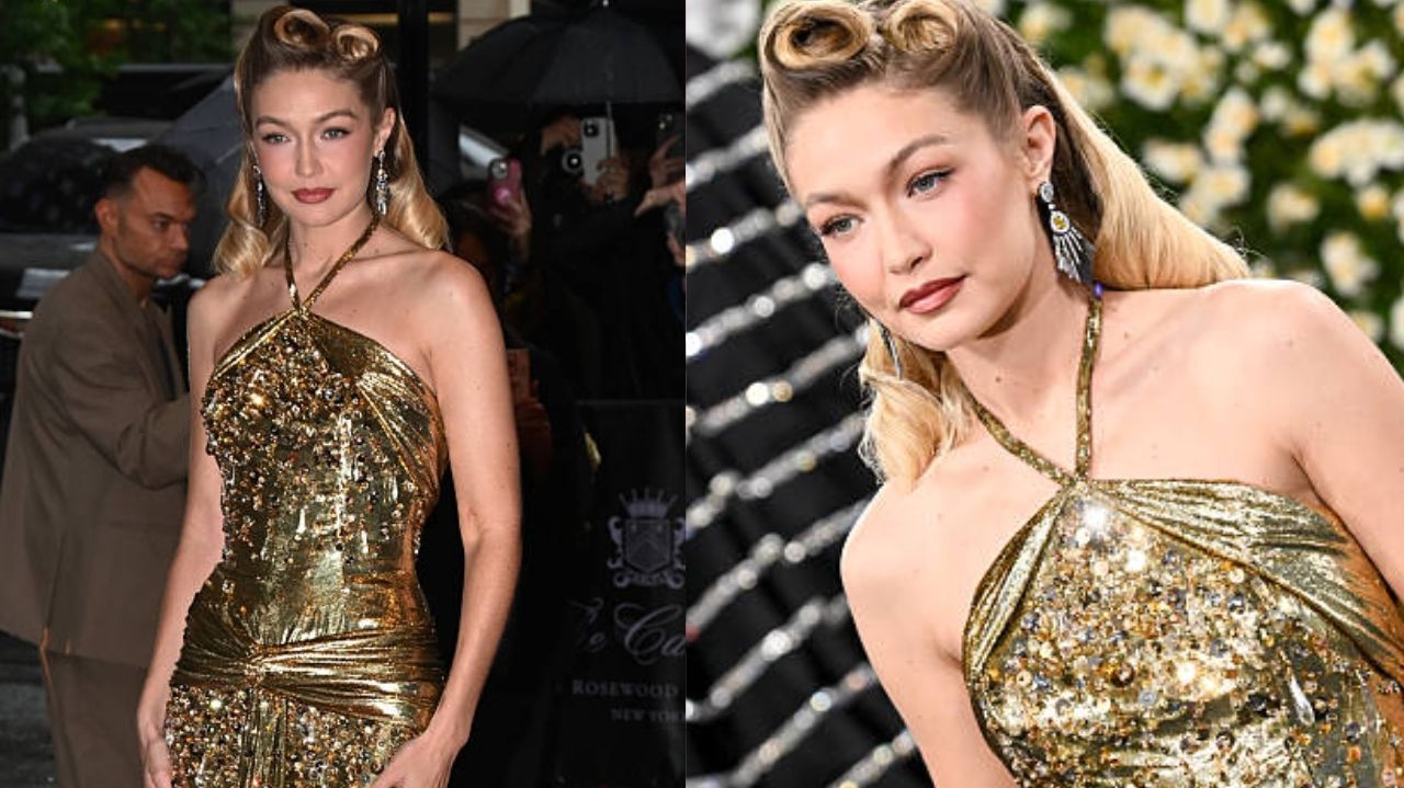 Met Gala 2025: Gigi Hadid aposta em vestido longo dourado da Miu Miu