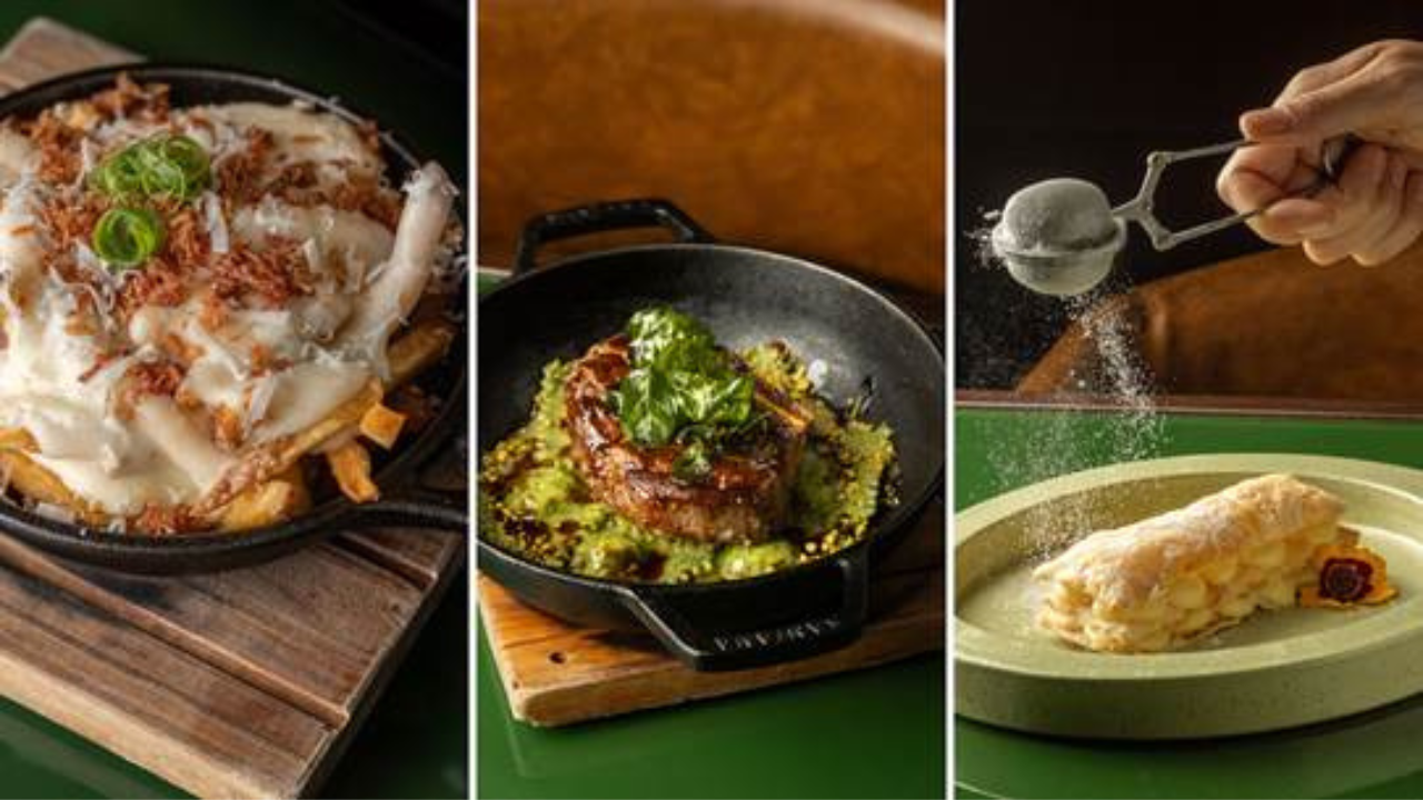 Batata com fondata de queijo / Mignon do Cerrado assado no braseiro ao molho roti / Mil folhas de cumaru | Reprodução: Felipe Rechinelli