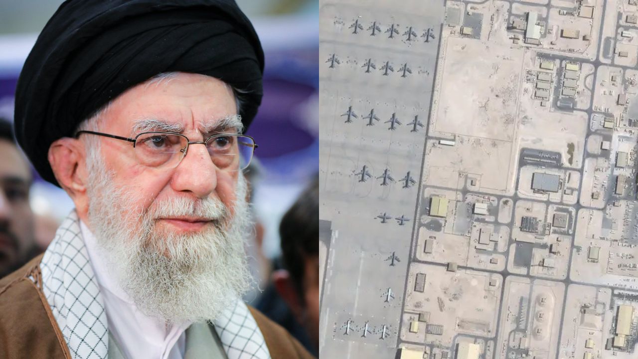 O Líder Supremo do Irã, Ali Khamenei/Base aérea americana de Al Udeid, no Catar | Reprodução/Majid Saeedi/Getty Images Embed/X/@Syed_Yusuf_ 
