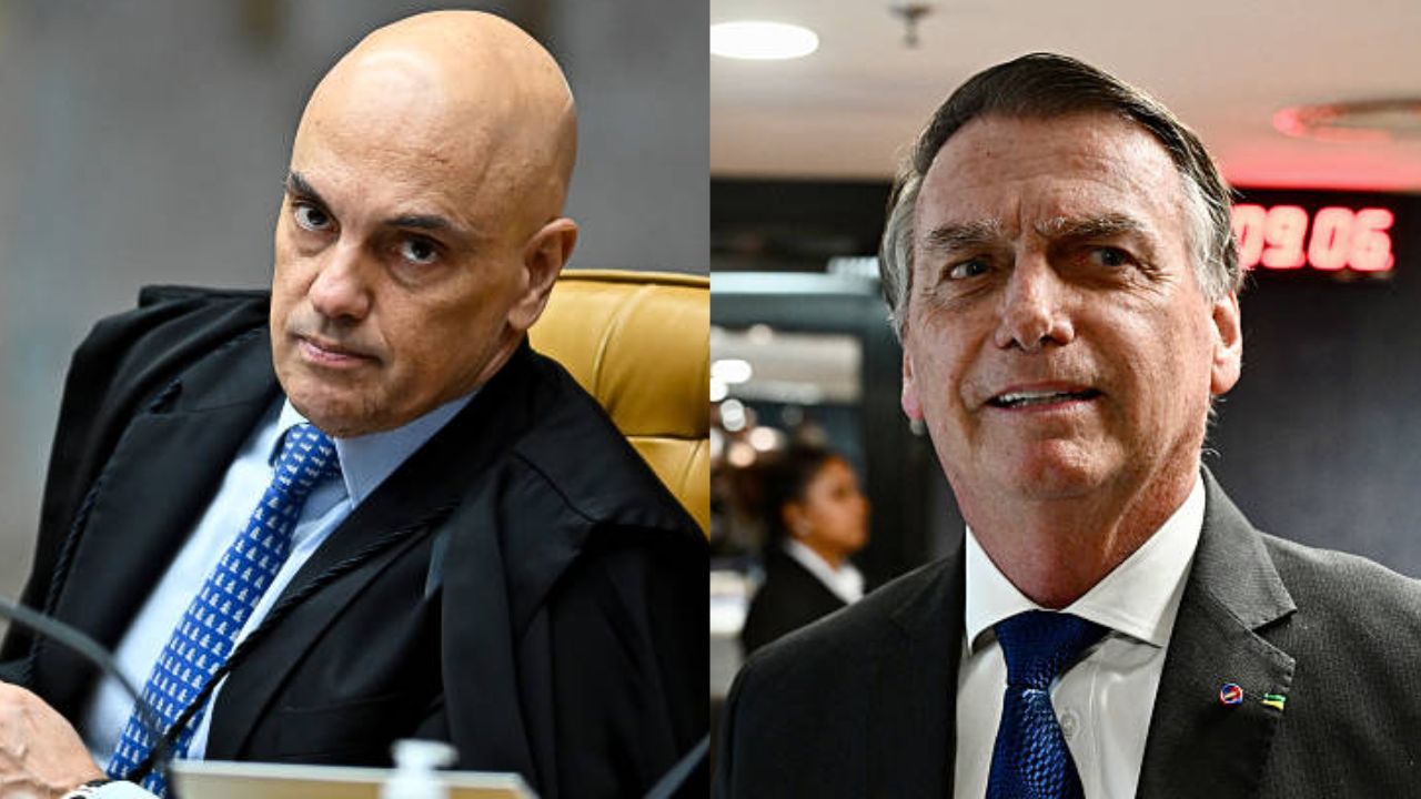 Ministro Alexandre de Moraes e o ex-presidente Jair Bolsonaro | Reprodução/Bloomberg/EVARISTO SA/Getty Images Embed |