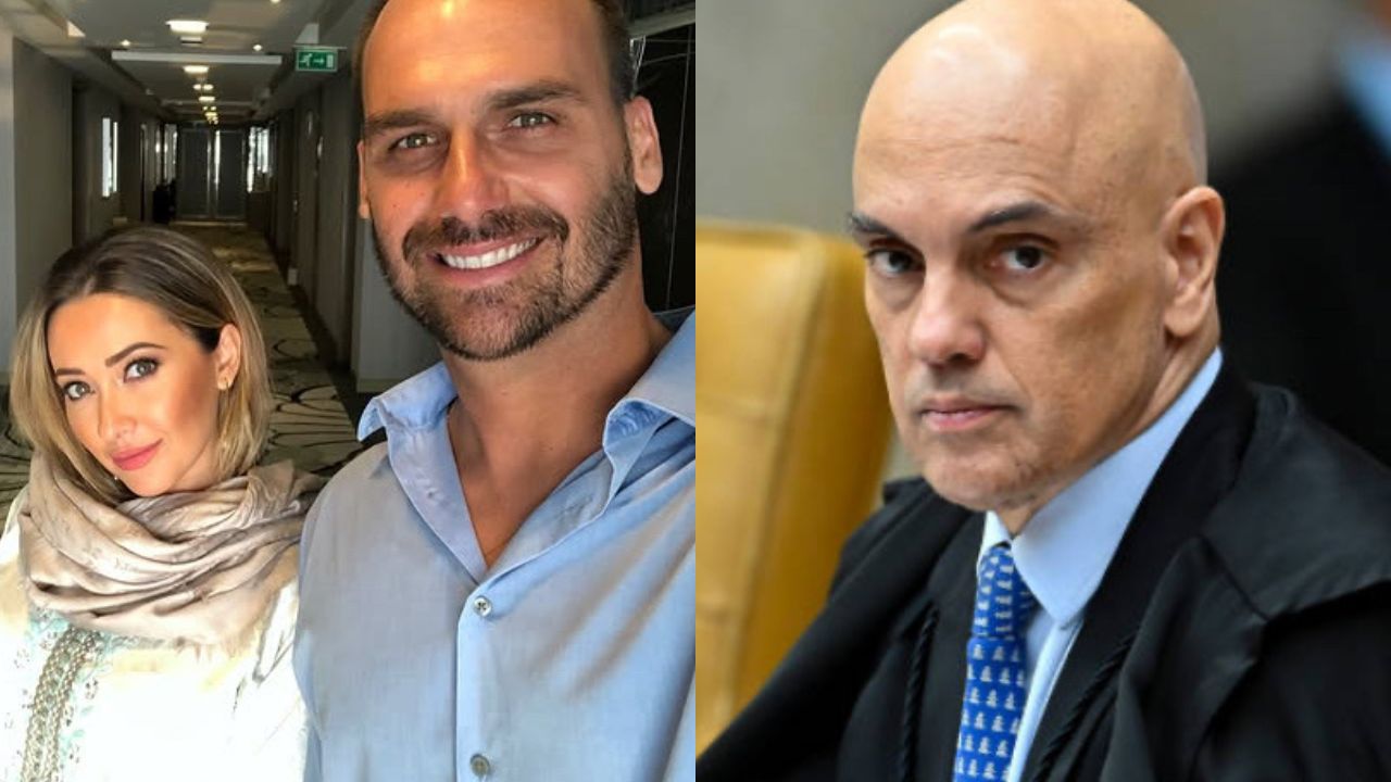 Eduardo Bolsonaro ao lado da esposa (à esquerda) Ministro do STF Alexandre de Moraes (à direita) | Reprodução /Instagram/@bolsonarosp/Ton Molina/ Getty Images Embed)