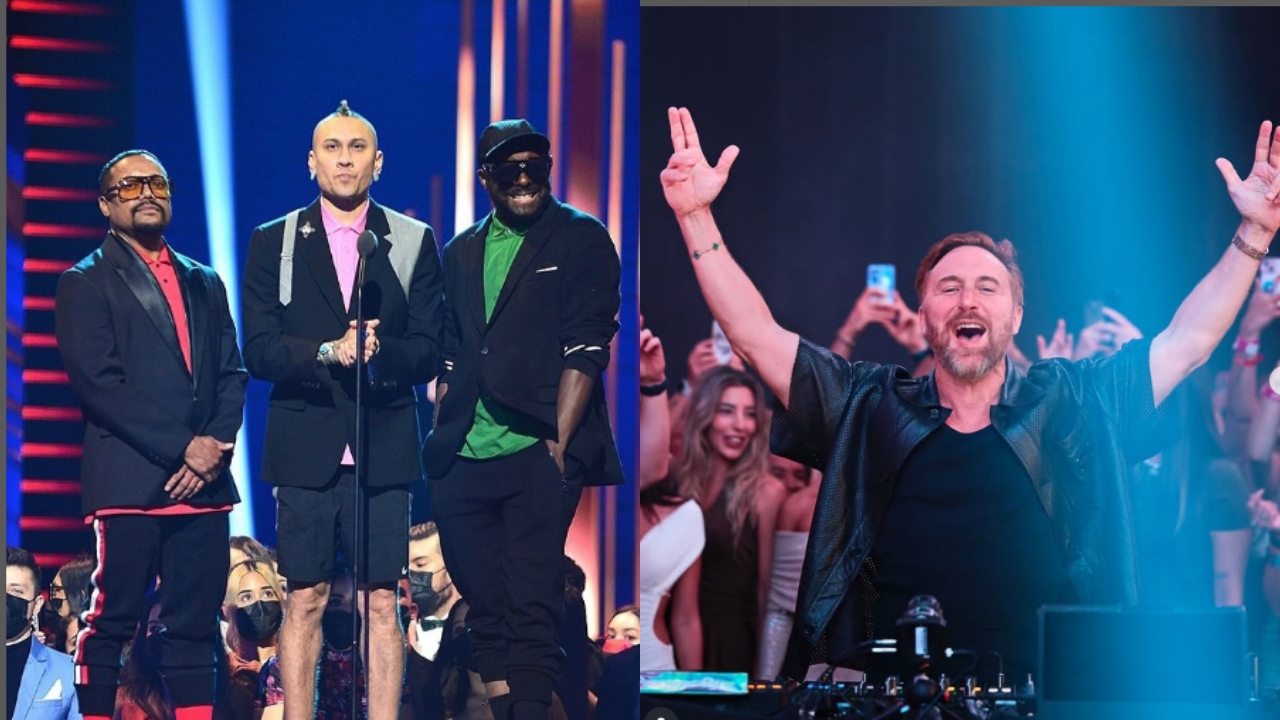 Black Eyed Peas faz aparição surpresa em show do David Guetta | Reprodução/Instagram/@blackeyedpeas
e @davidguetta