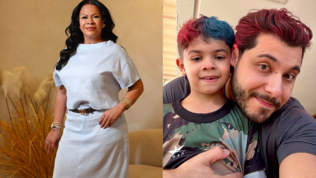 Dona Ruth em foto da sua marca de roupas e Murilo Ruff em foto com filho Léo | Reprodução/Instagram/@donaruthmoda/@murilohuff)