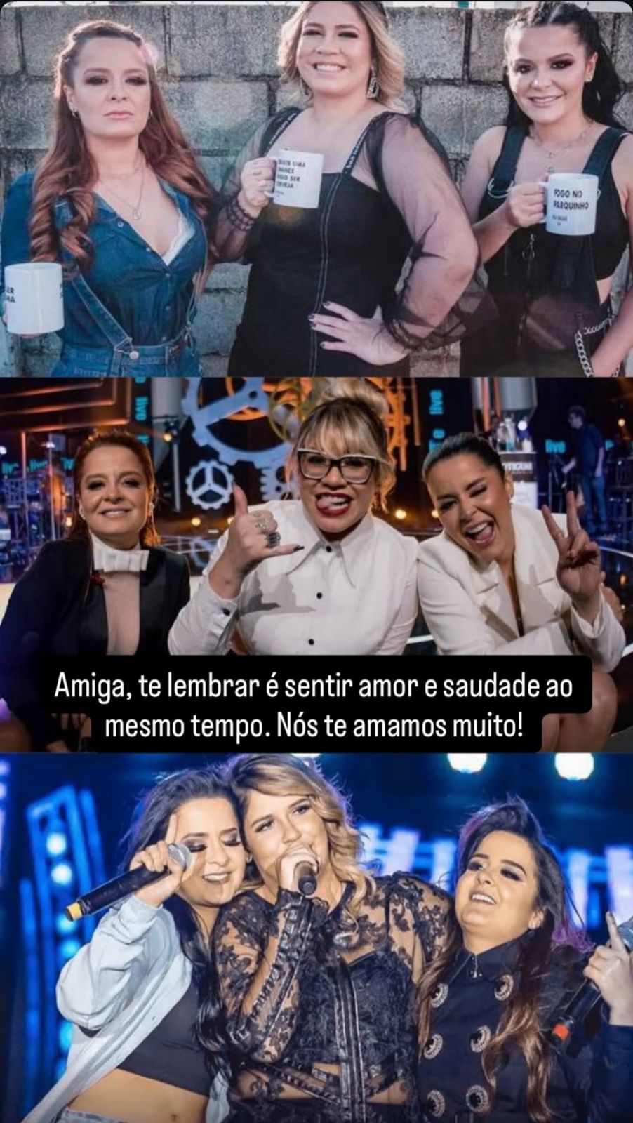 Dupla Maiara e Maraisa e cantora Marília Mendonça juntas em montagem de fotos publicadas no Story