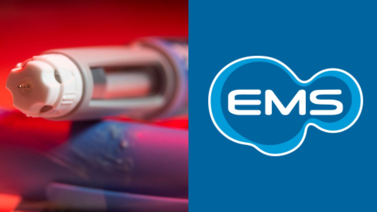 Uma caneta injetora e a logomarca da fabricante brasileira EMS | Reprodução/X/@EMSFarmaceutica/Jaap Arriens/Getty Images Embed