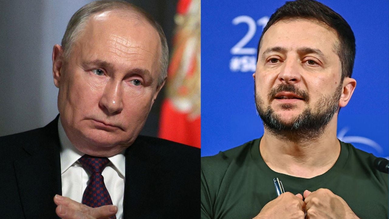 Presidente russo, Vladimir Putin e o líder ucraniano Volodymyr Zelensky | Reprodução/Gavriil Grigorovnhac Nguyen /Pool/AFP/AFP/Getty Images Embed