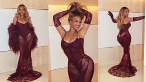 Beyoncé celebra aniversário com look vinho cheio de transparências