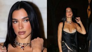 Dua Lipa brilha com vestido decotado e franjas em evento de moda em Nova York