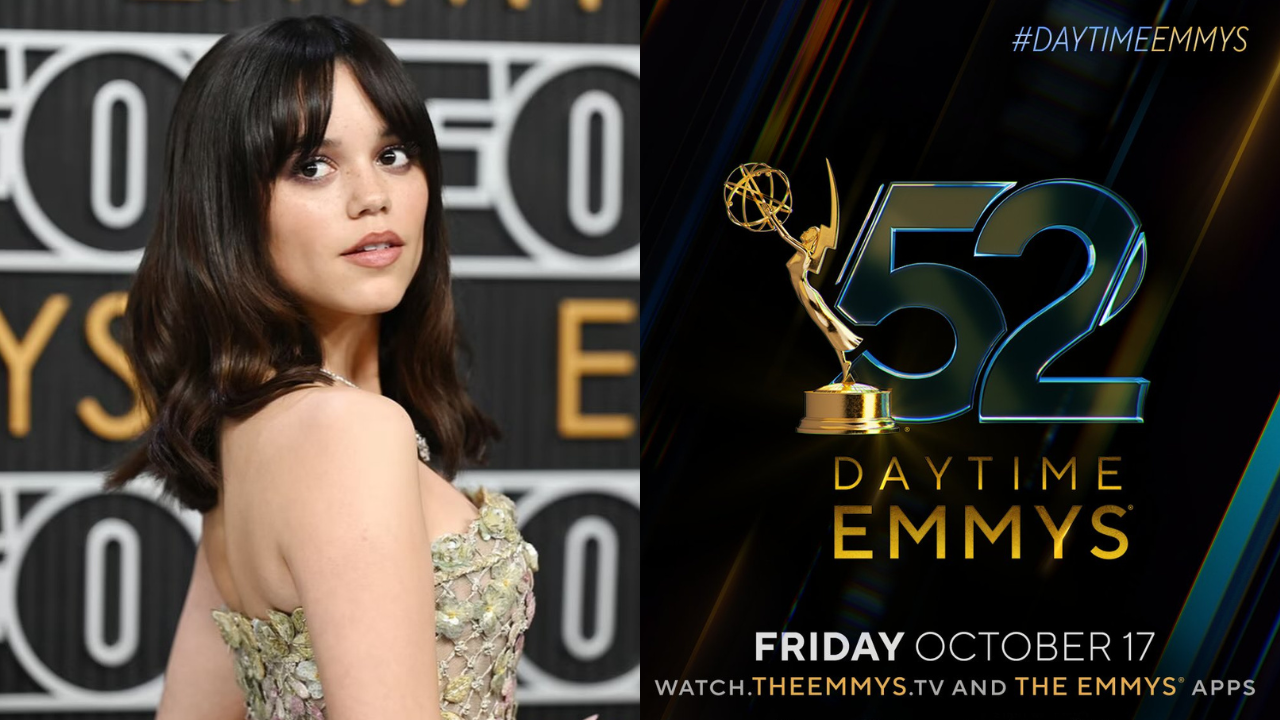 Jenna Ortega; banner do Emmy Awards | Reprodução/Instagram/@jennaortega/X/@TheEmmys