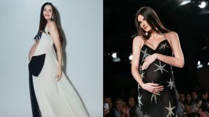 Camila Queiroz desfila com elegância e troca selinho com seu marido