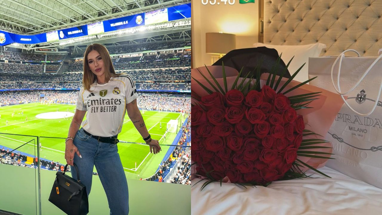 à esquerda, Virgínia no Santiago Bernabéu; à direita, o buquê de flores | Reprodução/Instagram/@virginia