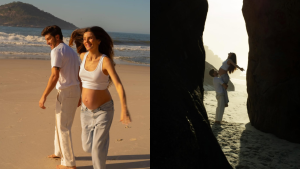 Grávidos e radiantes: Camila Queiroz e Klebber Toledo brilham em ensaio na praia