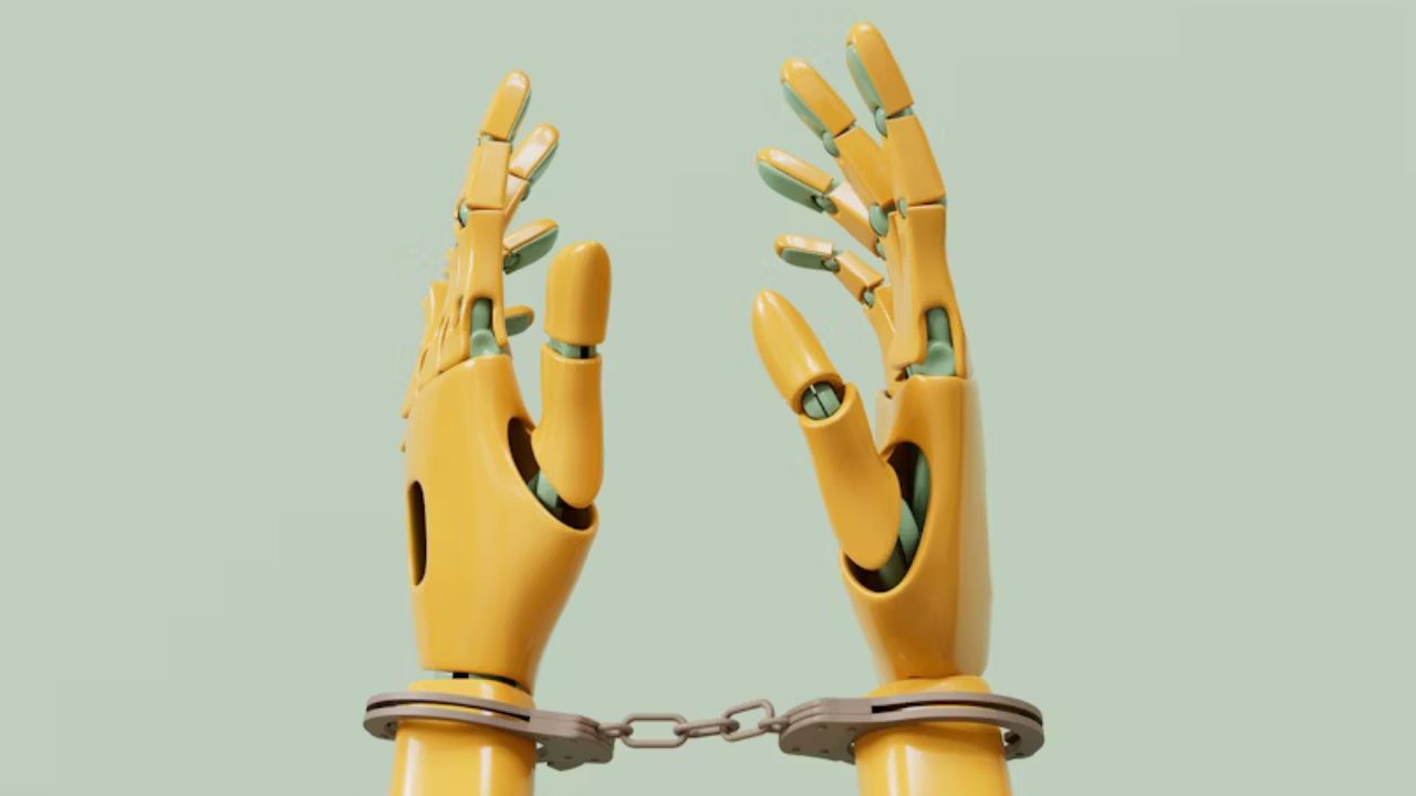 Arte mostra mãos de um robô presas por algemas | Reprodução/Unsplash+/Point Normal