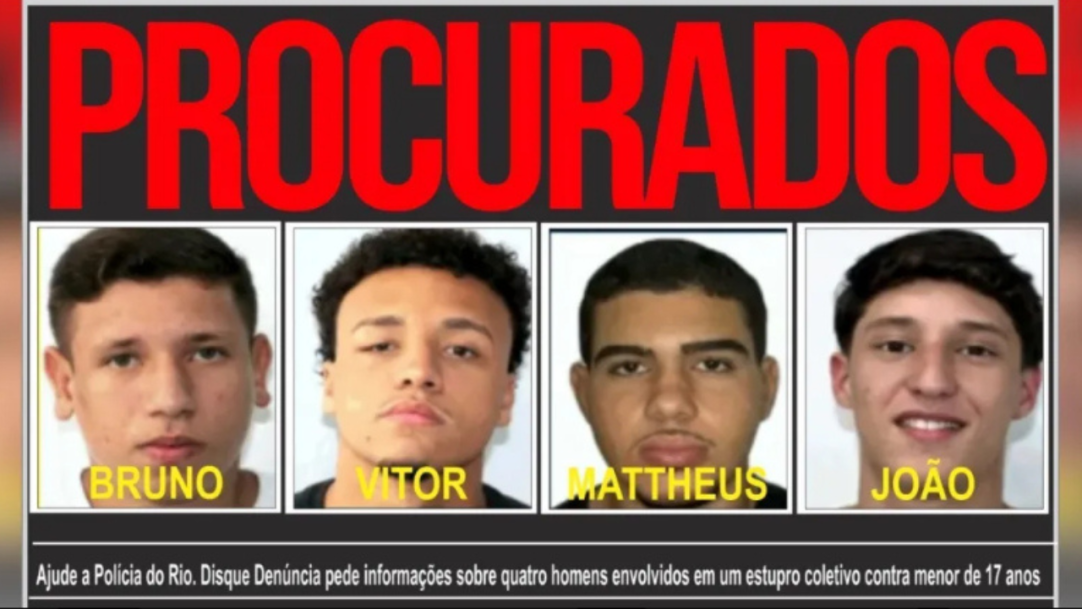 Imagem com cartaz do Disque Denúncia com as fotos dos quatro réus em caso de estupro coletivo