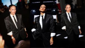 Maxiane aposta em look de alfaiataria no Rio Fashion Week