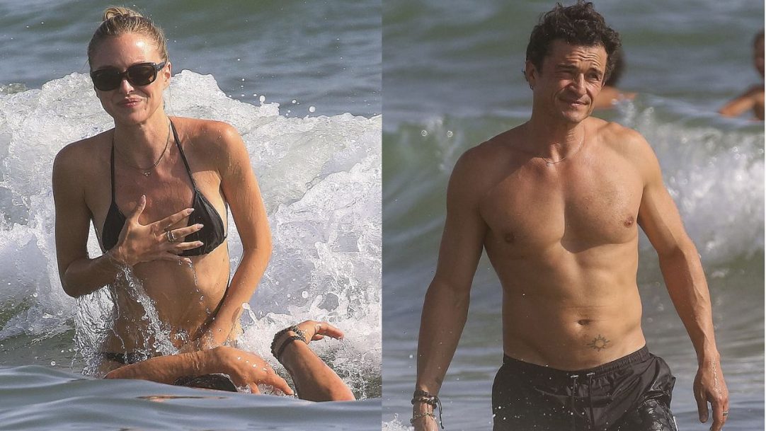 Orlando Bloom é visto em passeio romântico na praia com modelo suíça