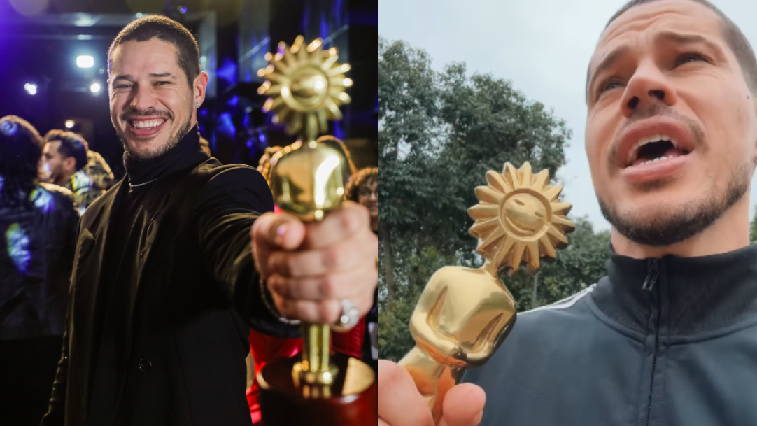 José Loreto “passeia” com troféu do Festival de Gramado durante gravação