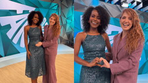 Grávida, Maju Coutinho recebe carinho especial de Poliana Abritta nos bastidores do ‘Fantástico’