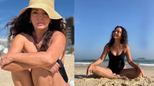 Claudia Ohana mostra boa forma de maiô na praia e ganha elogios