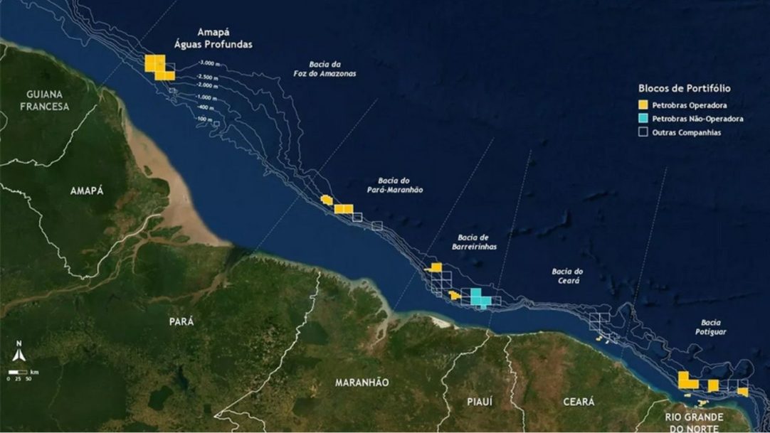 Mapa do Brasil mostrando margem equatorial, onde Petrobras planeja perfurar 15 poços