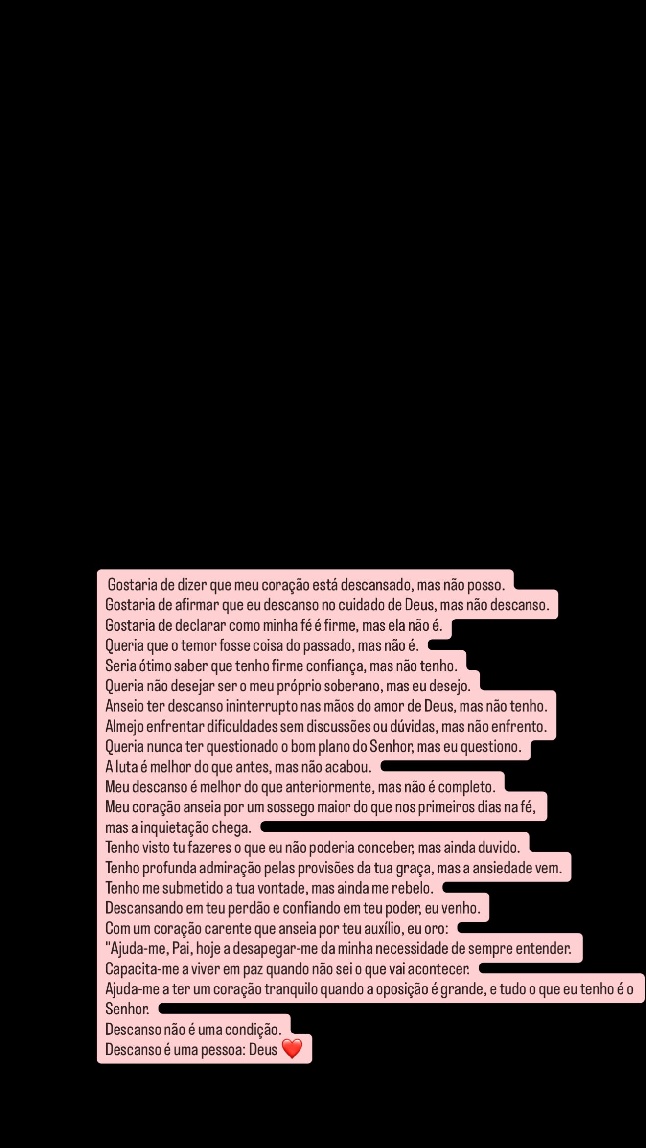 imagem com fundo preto, texto de desabafo com tonalidade rosa