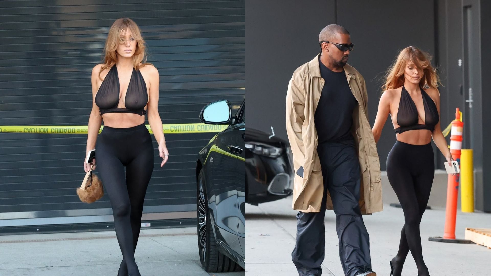 Bianca Censori choca ao usar apenas cropped transparente e meia-calça em nova aparição com Kanye West