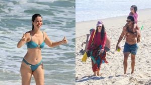 Nathalia Dill é flagrada em momento raro de descontração com a filha e o marido em praia carioca