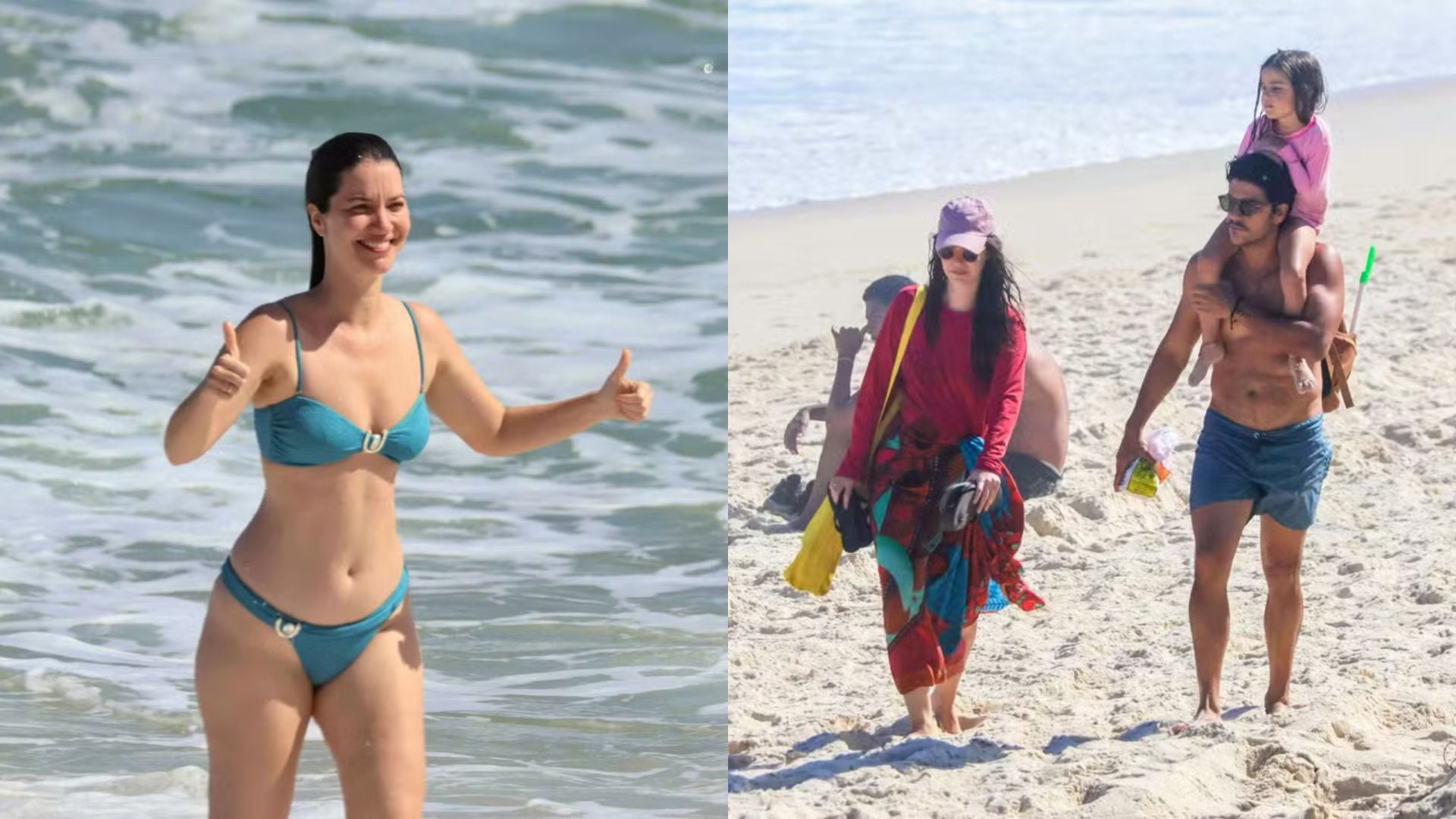 Nathalia Dill é flagrada em momento raro de descontração com a filha e o marido em praia carioca
