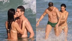 José Loreto e Nanda Marques são flagrados trocando beijos em praia do Rio